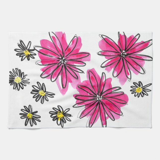 Vitblommor och viskblommor med Rosa Kökshandduk (Horisontell)