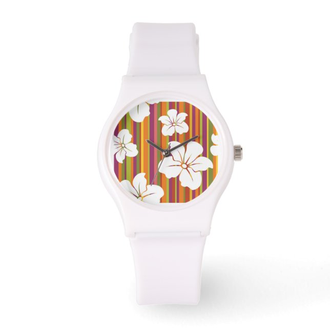 Vitblommor på en strimlad bakgrund armbandsur (Framsida)