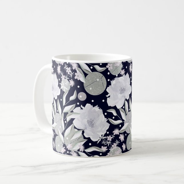 Vitblommor på mörk blått. kaffemugg (Framsida vänster)