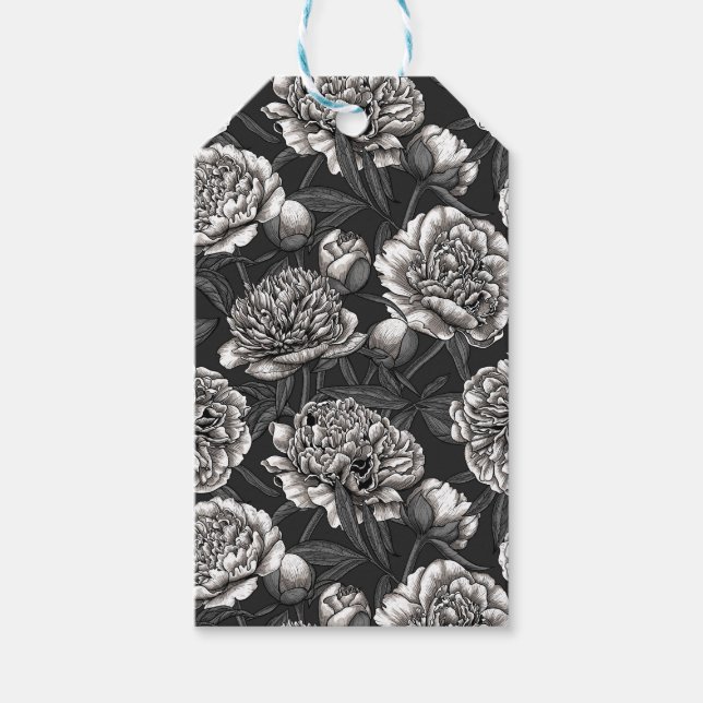 Vitblommor på mörk grått presentetikett (Framsidan)