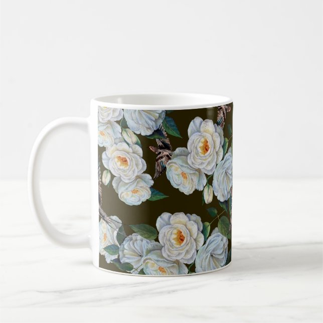 Vitblommor ro med löv teckning i pastel.  kaffemugg (Vänster)