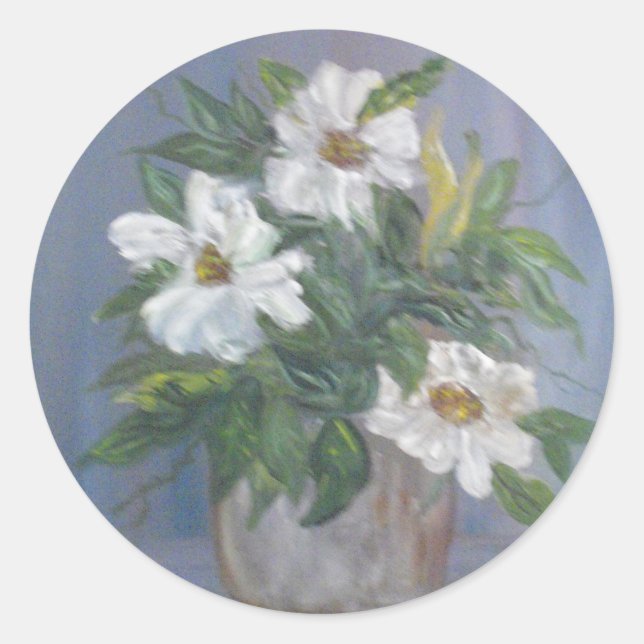 Vitblommor Runt Klistermärke (Framsida)