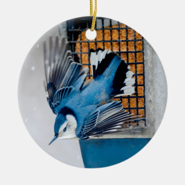 Vitbröstad nuthatch i Snö - Originalfoto Julgransprydnad Keramik (Framsidan)