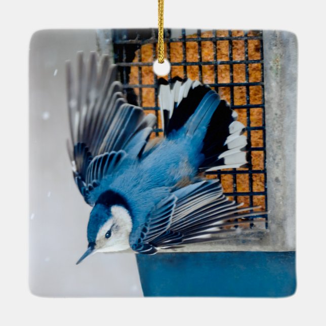Vitbröstad nuthatch i Snö - Originalfoto Julgransprydnad Keramik (Baksida)