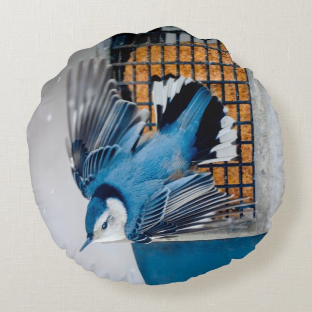 Vitbröstad nuthatch i Snö - Originalfoto Rund Kudde (Baksidan)