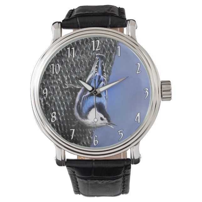 Vitbröstad nuthatch-målning Original Bird Art Armbandsur (Framsida)