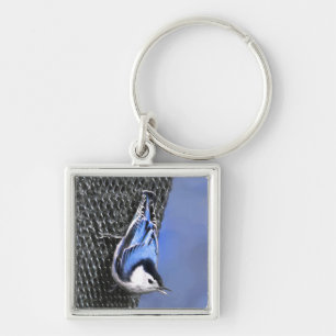 Vitbröstad nuthatch-målning Original Bird Art Fyrkantig Silverfärgad Nyckelring