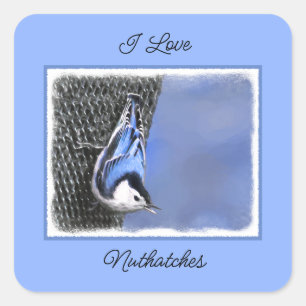 Vitbröstad nuthatch-målning Original Bird Art Fyrkantigt Klistermärke