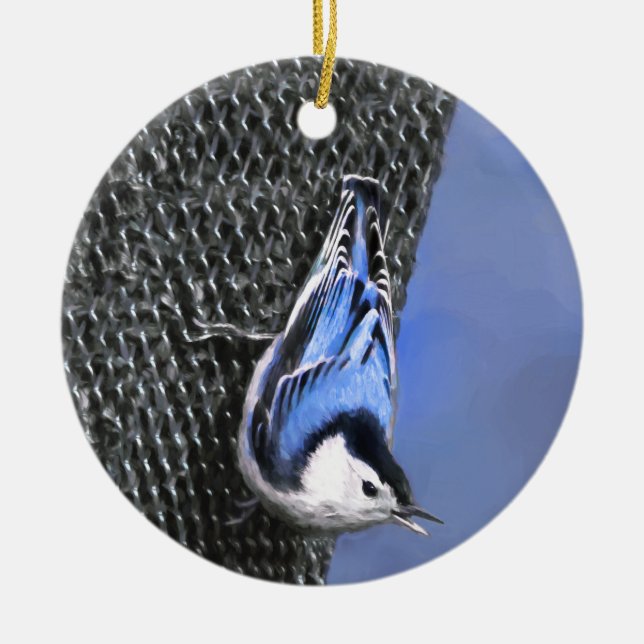 Vitbröstad nuthatch-målning Original Bird Art Julgransprydnad Keramik (Framsidan)