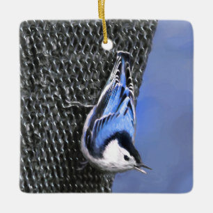 Vitbröstad nuthatch-målning Original Bird Art Julgransprydnad Keramik