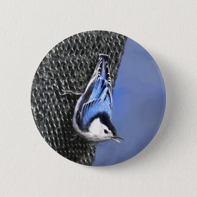 Vitbröstad nuthatch-målning Original Bird Art Knapp (Framsida)