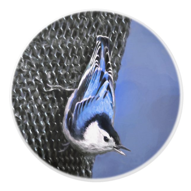 Vitbröstad nuthatch-målning Original Bird Art Knopp (Framsidan)