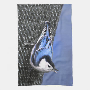 Vitbröstad nuthatch-målning Original Bird Art Kökshandduk
