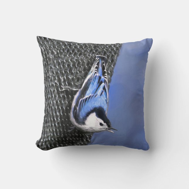 Vitbröstad nuthatch-målning Original Bird Art Kudde (Framsida)