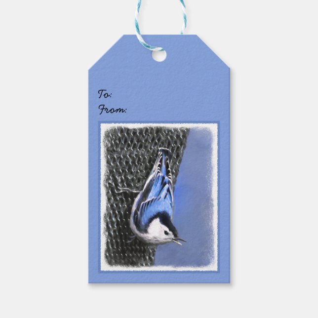 Vitbröstad nuthatch-målning Original Bird Art Presentetikett (Framsidan)