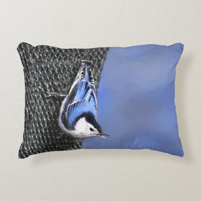 Vitbröstad nuthatch-målning Original Bird Art Prydnadskudde (Framsidan)