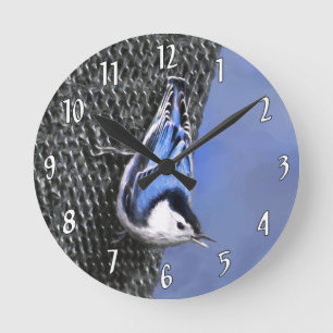 Vitbröstad nuthatch-målning Original Bird Art Rund Klocka