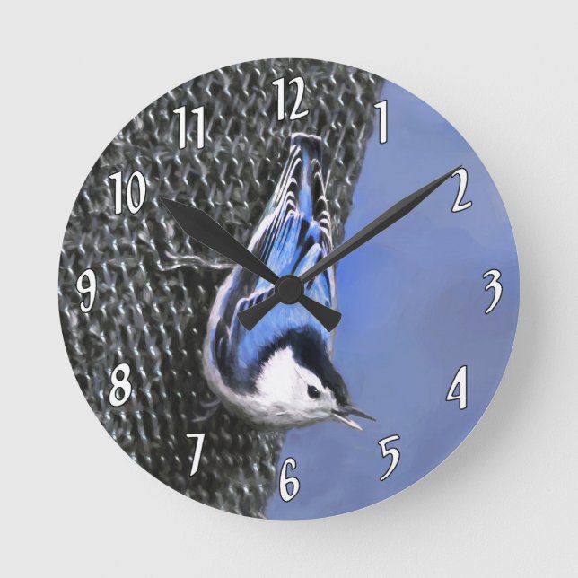 Vitbröstad nuthatch-målning Original Bird Art Rund Klocka (Framsida)