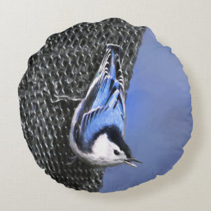 Vitbröstad nuthatch-målning Original Bird Art Rund Kudde