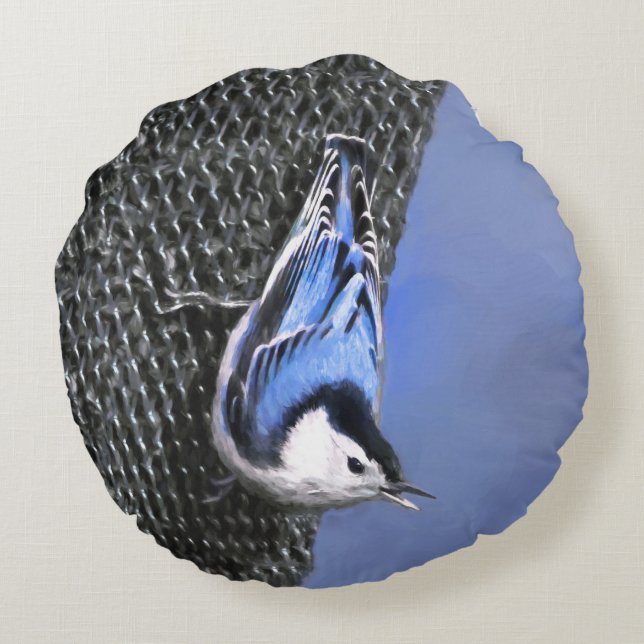 Vitbröstad nuthatch-målning Original Bird Art Rund Kudde (Baksidan)