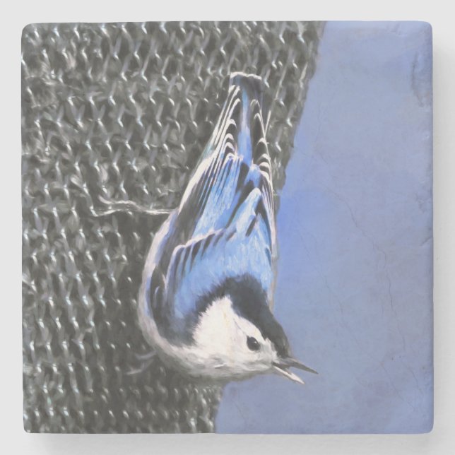 Vitbröstad nuthatch-målning Original Bird Art Stenunderlägg (Framsidan)