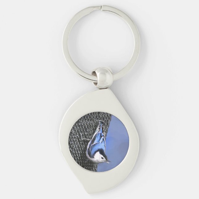Vitbröstad nuthatch-målning Original Bird Art Swirl Silverfärgad Nyckelring (Framsidan)