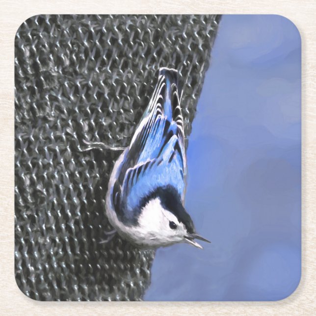 Vitbröstad nuthatch-målning Original Bird Art Underlägg Papper Kvadrat (Framsidan)