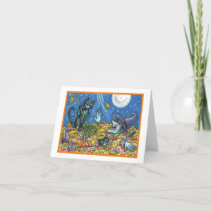 VITCH & SVARTA KATTER RAKING LÖV HALLOWEEN CARD KORT