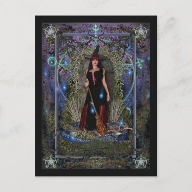 Vitch-vykort - Blue Måne Witch & Dragon Vykort (Framsida)