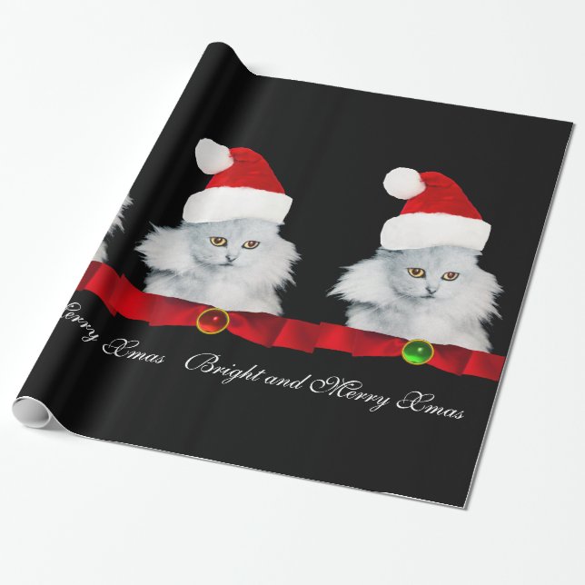 VITCHRISTMAS CAT, JULTOMTEN HAT OCH RÖD RIBBON PRESENTPAPPER (Utrullad)