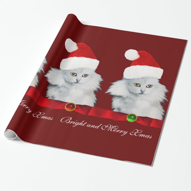 VITCHRISTMAS CAT, JULTOMTEN HAT OCH RÖD RIBBON PRESENTPAPPER (Utrullad)