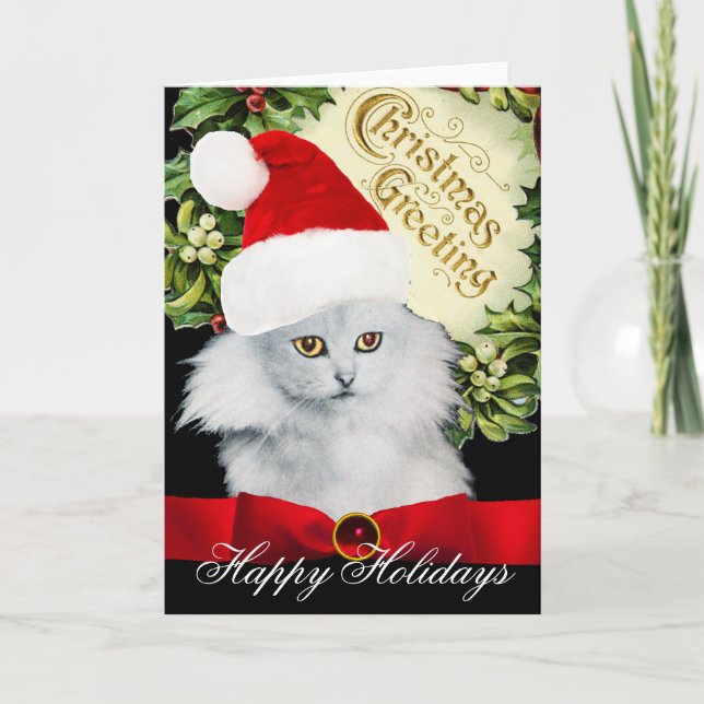 VITCHRISTMAS CAT MED JULTOMTEN HAT HELGKORT (Framsida)