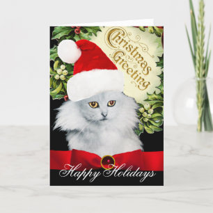 VITCHRISTMAS CAT MED JULTOMTEN HAT HELGKORT