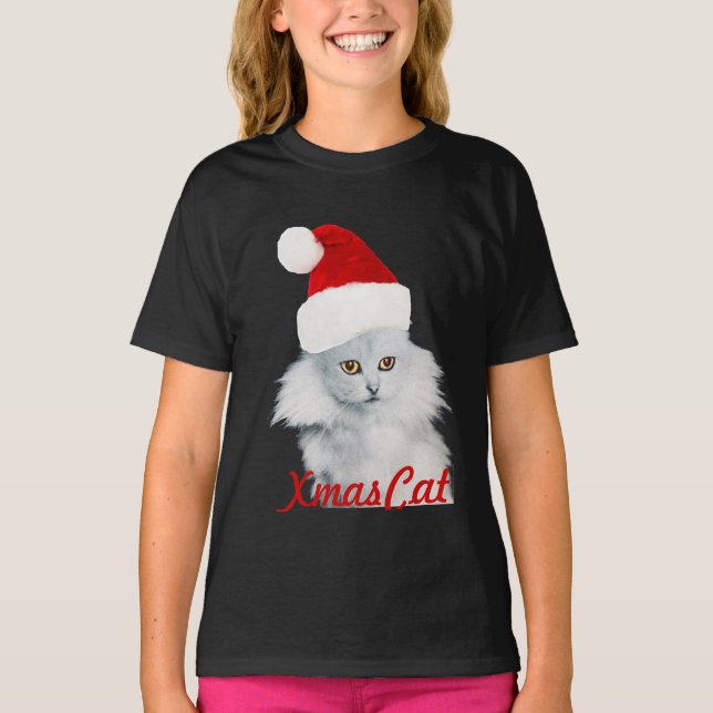 VITCHRISTMAS CAT MED JULTOMTEN HAT T-SHIRT (Framsida)