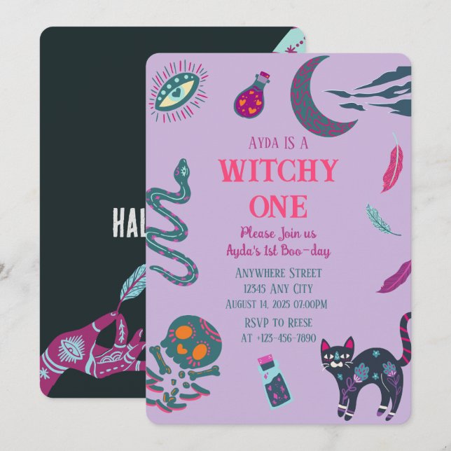 Vitchy One Halloween Birthday-inbjudan Inbjudningar (Fram/baksida)
