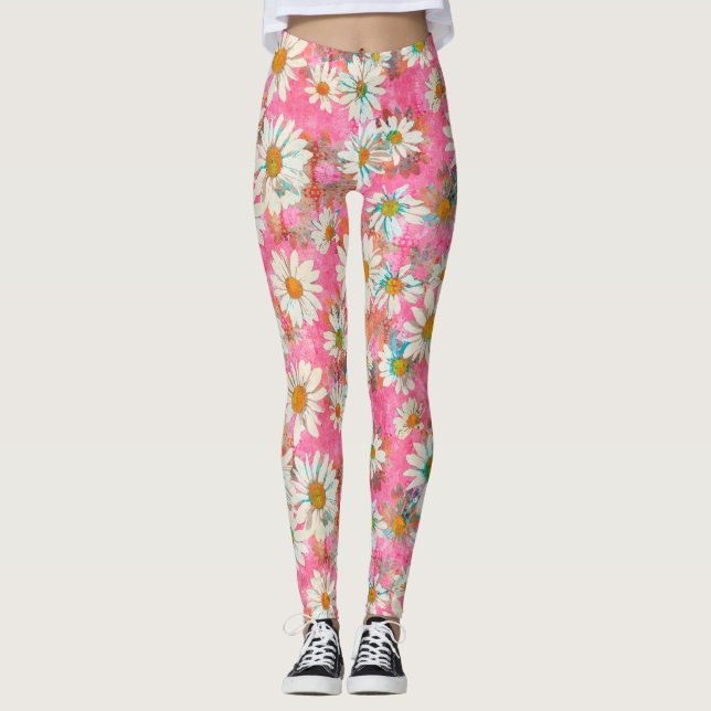 Vitdaisy på rosa blommönster leggings (Framsida)