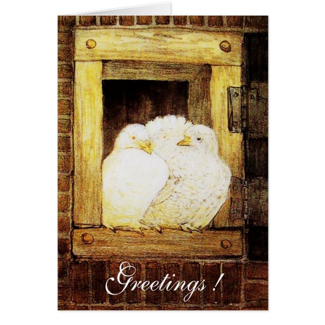 VITDOKAR VID FÖNSTRET, brun gult Hälsningskort (Framsidan)