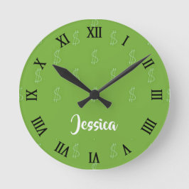 Vitdollartecken på grönt rund klocka