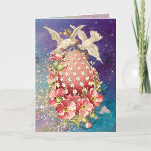 VITDOVER, PÅSKÄGG MED ROSA BLÅS HELGKORT