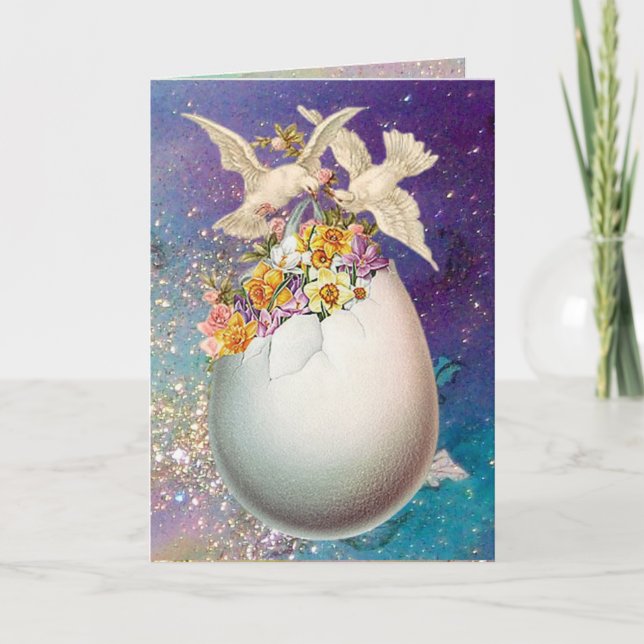VITDOVER, PÅSKÄGG OCH GULA BLOMMOR I BLÅ HELGKORT (Framsida)