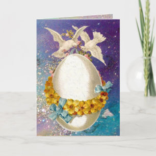 VITDOVER, PÅSKÄGG OCH GULA BLOMMOR I BLÅ HELGKORT