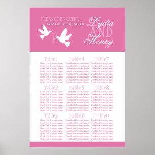 Vitduvor rosa bröllop, sätesplan 1-9 bord poster