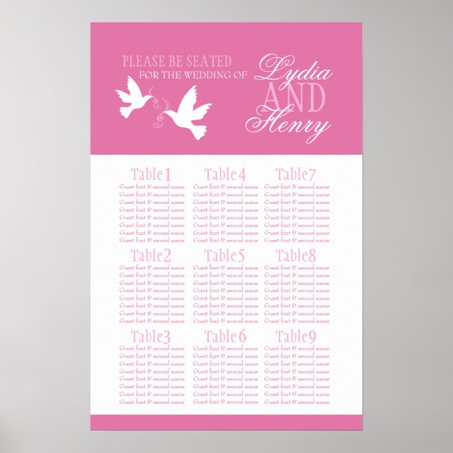 Vitduvor rosa bröllop, sätesplan 1-9 bord poster (Framsidan)