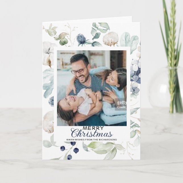 VITE BLÅA BLOMMOR GOD JUL FOTOKORT KORT (Framsida)