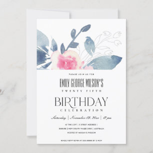 VITE BLUE BLOMMIGT 25 ÅR BIRTHDAY INBJUDNINGAR