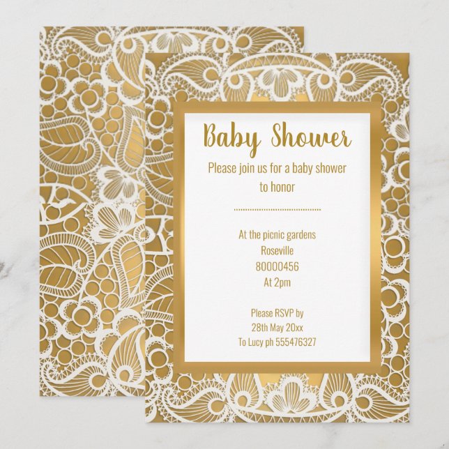 VITE GULD SNÖRE GULD TRIM ELEGANT BABY SHOWER INBJUDNINGAR (Fram/baksida)