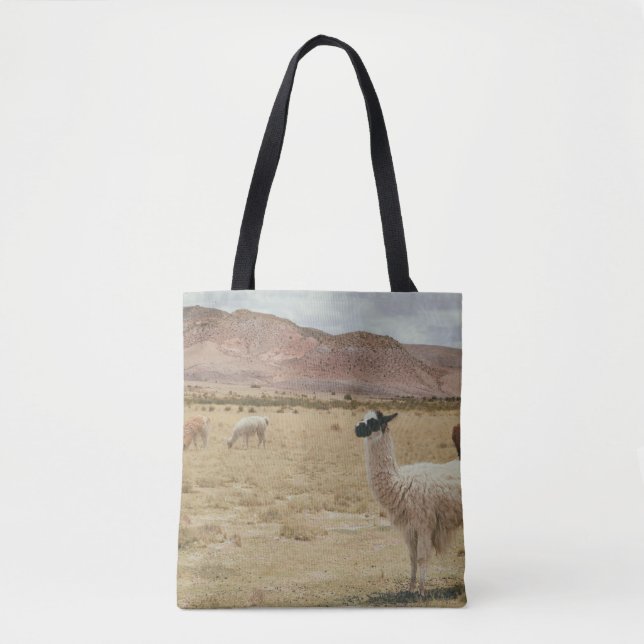 VITE LLAMA PÅ BROWN GRASS TYGKASSE (Framsida)