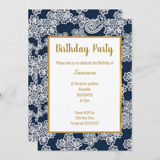 VITE NAVY SNÖRE GULD TRIM ELEGANT BIRTHDAY White Inbjudningar (Fram/baksida)