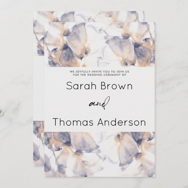 VITE OCH BLUE PATELE BLOMMIGT ELEGANT BRÖLLOP INBJUDNINGAR (Fram/baksida)