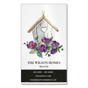 VITE WOODEN BLOMMIGT BIRDHOUSE REAL GODS REALTOR MAGNETISKA VISITKORT